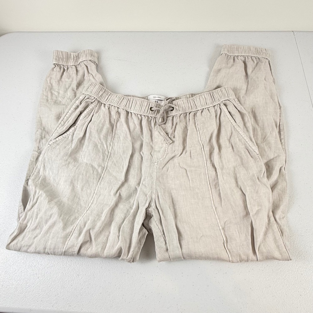 Halston Womens Linen Joggers Beige Elastic Waist Drawstring Pants Size Large